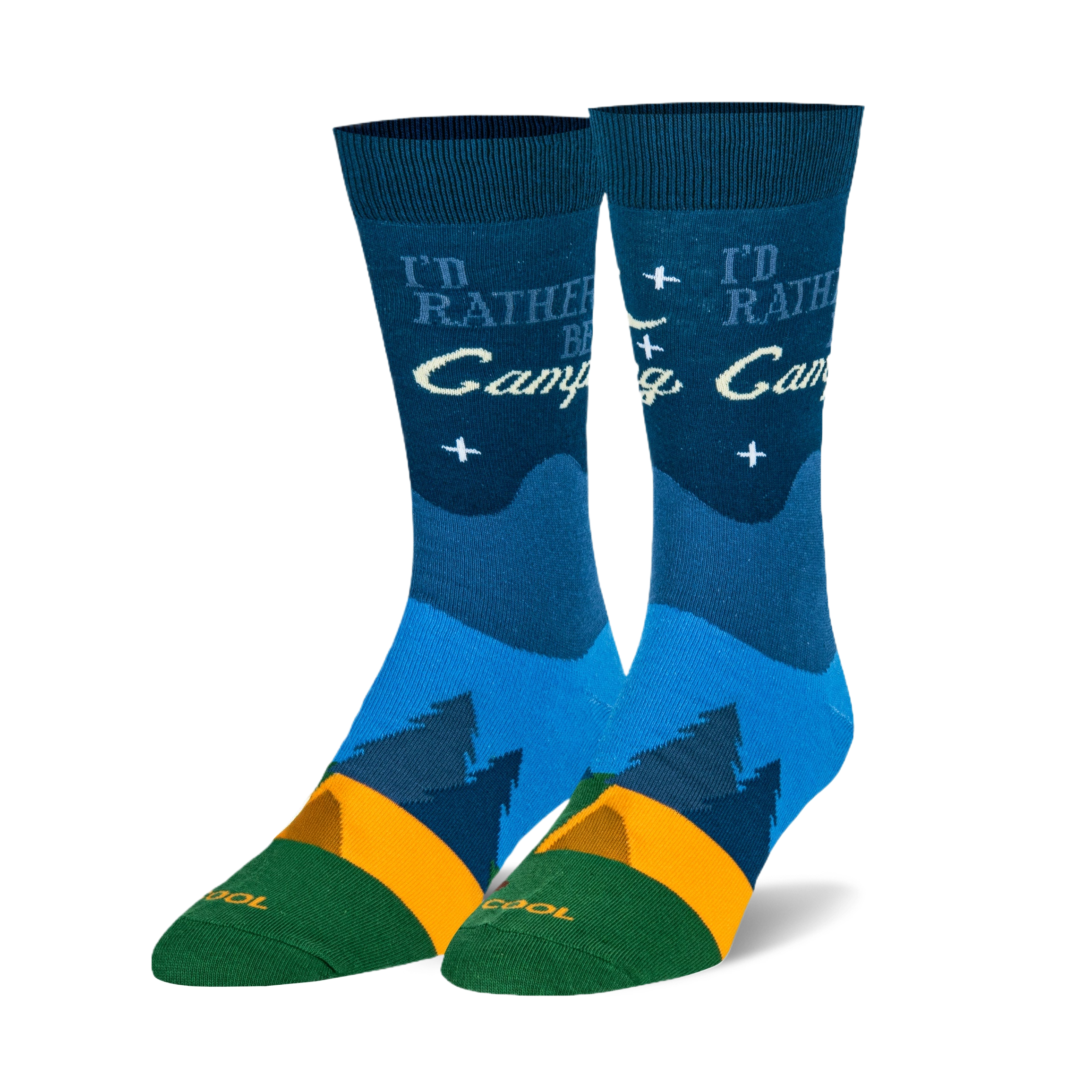 Pair of crew socks, navy blue, teal, and orange. Design includes a campfire scene, pine trees, and the text 'I'd Rather Be Camping'.