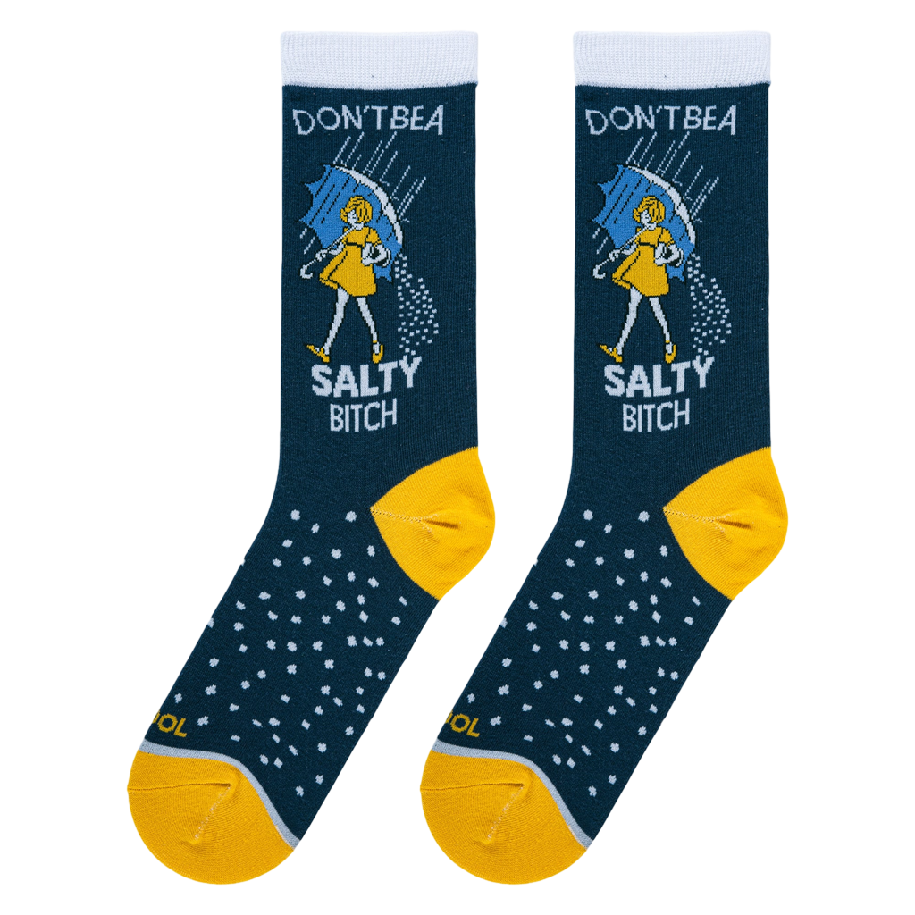 Lifestyle shot showing the 'Salty Bitch' socks on a model's feet, showcasing their fit and style.