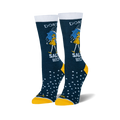 Pair of women's crew socks. Dark blue with white text reading 'Don't be a Salty Bitch', yellow girl illustration under an umbrella, and white polka dots. Yellow cuffs.