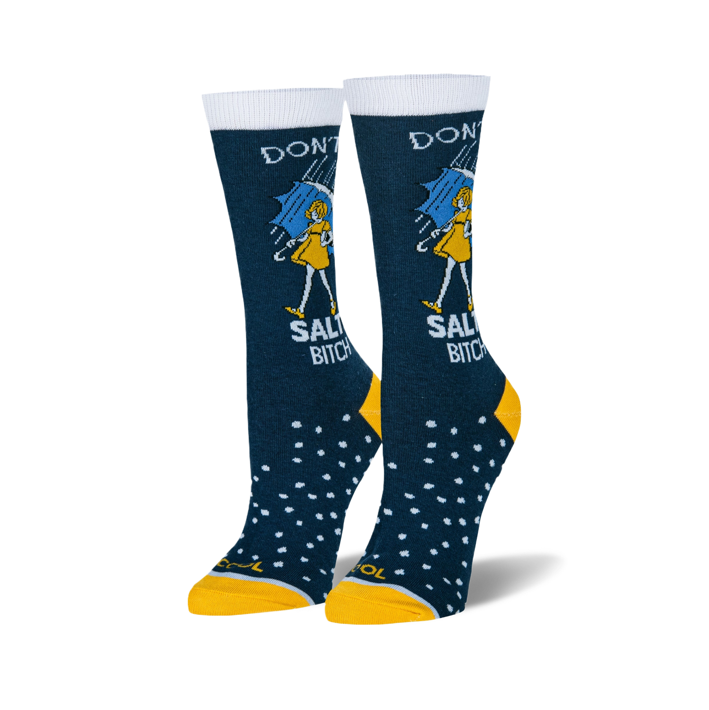 Pair of women's crew socks. Dark blue with white text reading 'Don't be a Salty Bitch', yellow girl illustration under an umbrella, and white polka dots. Yellow cuffs.