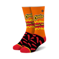 Pair of crew socks with a Flamin' Hot Cheetos design.  Orange background, red and black Cheetos, and the Cheetos logo.