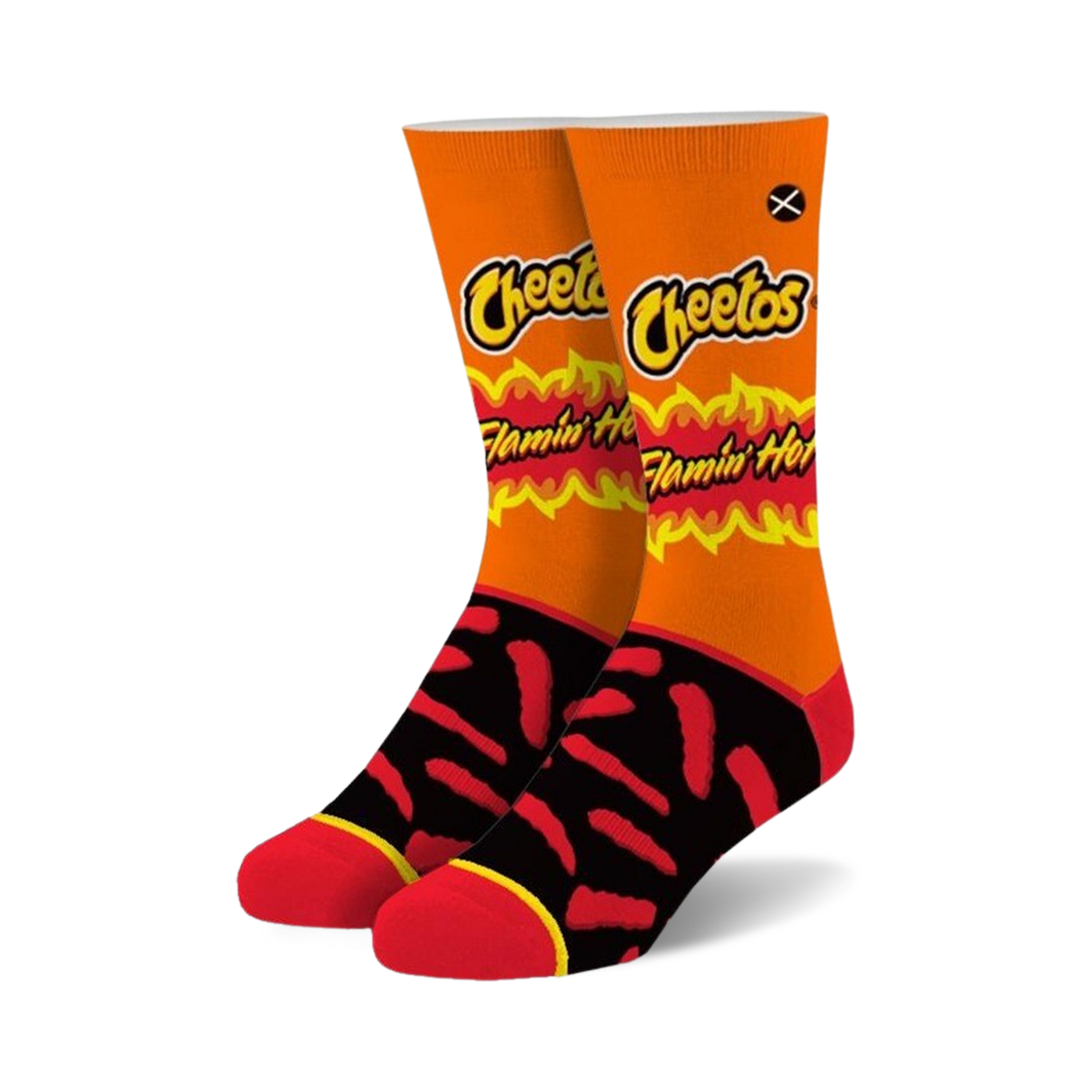 Pair of crew socks with a Flamin' Hot Cheetos design.  Orange background, red and black Cheetos, and the Cheetos logo.