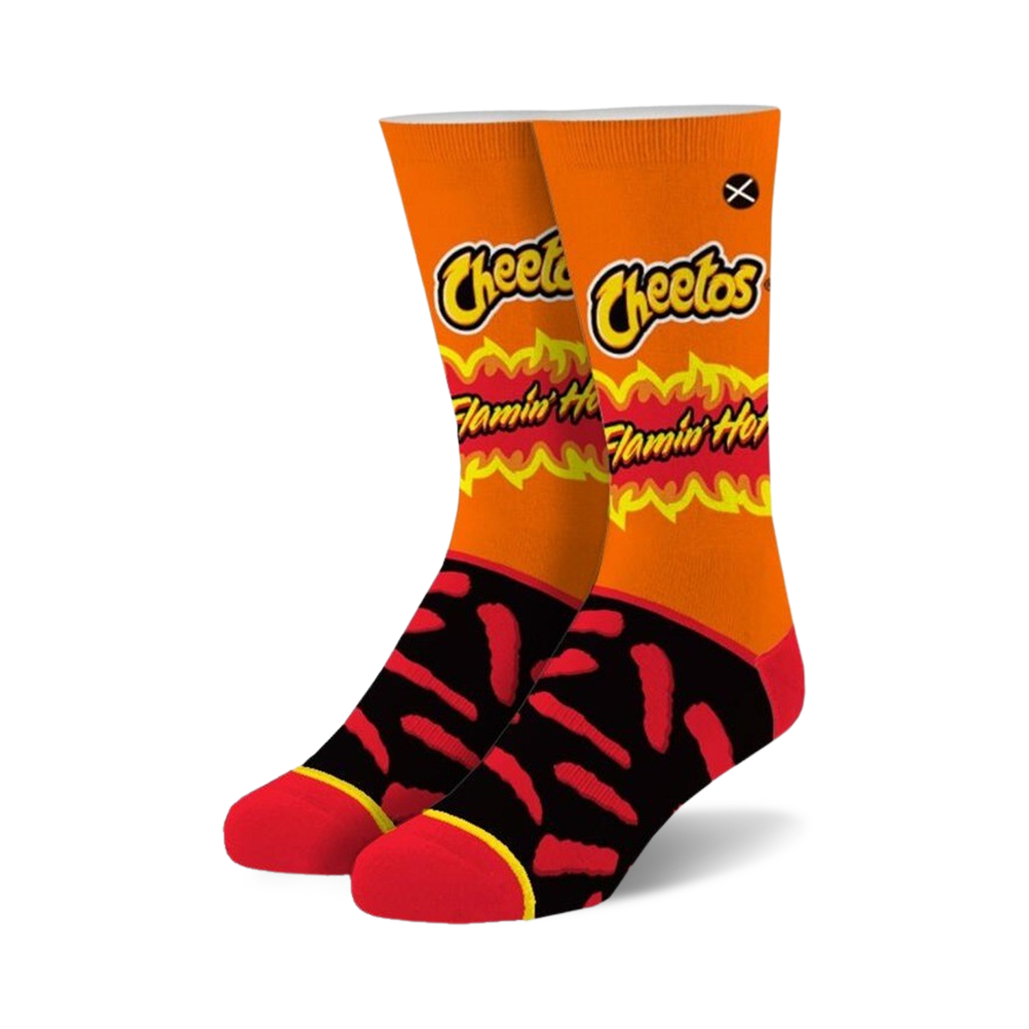 Pair of crew socks with a Flamin' Hot Cheetos design.  Orange background, red and black Cheetos, and the Cheetos logo.
