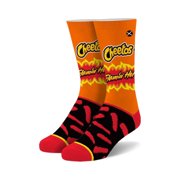 flamin hot cheetos crew socks - orange and black socks with flames and cheetos logo  
