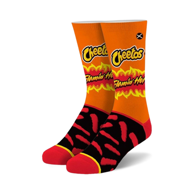 flamin hot cheetos crew socks - orange and black socks with flames and cheetos logo  