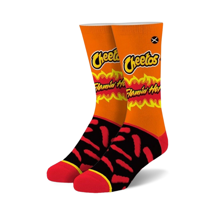flamin hot cheetos crew socks - orange and black socks with flames and cheetos logo   }}