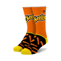 Pair of crew socks; orange top section with Cheetos logo, black and orange Cheetos-shaped design on the bottom, yellow cuffs.