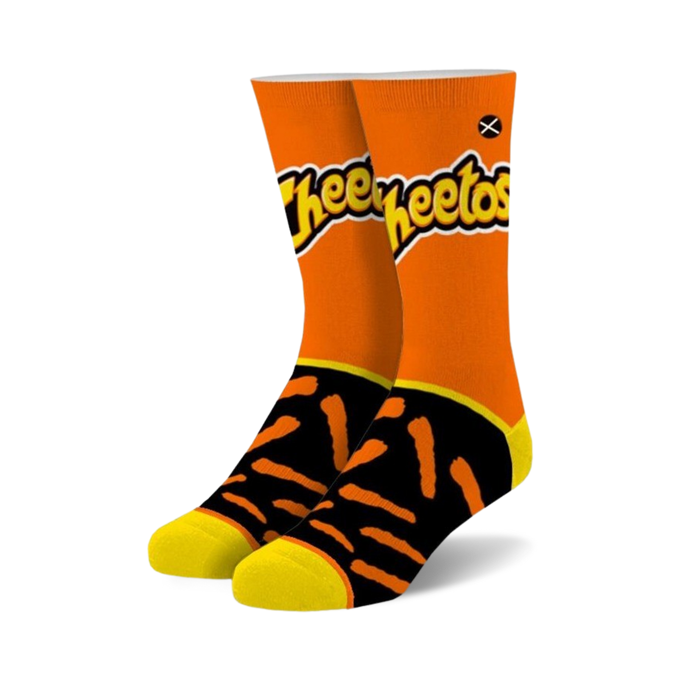 Pair of crew socks; orange top section with Cheetos logo, black and orange Cheetos-shaped design on the bottom, yellow cuffs.