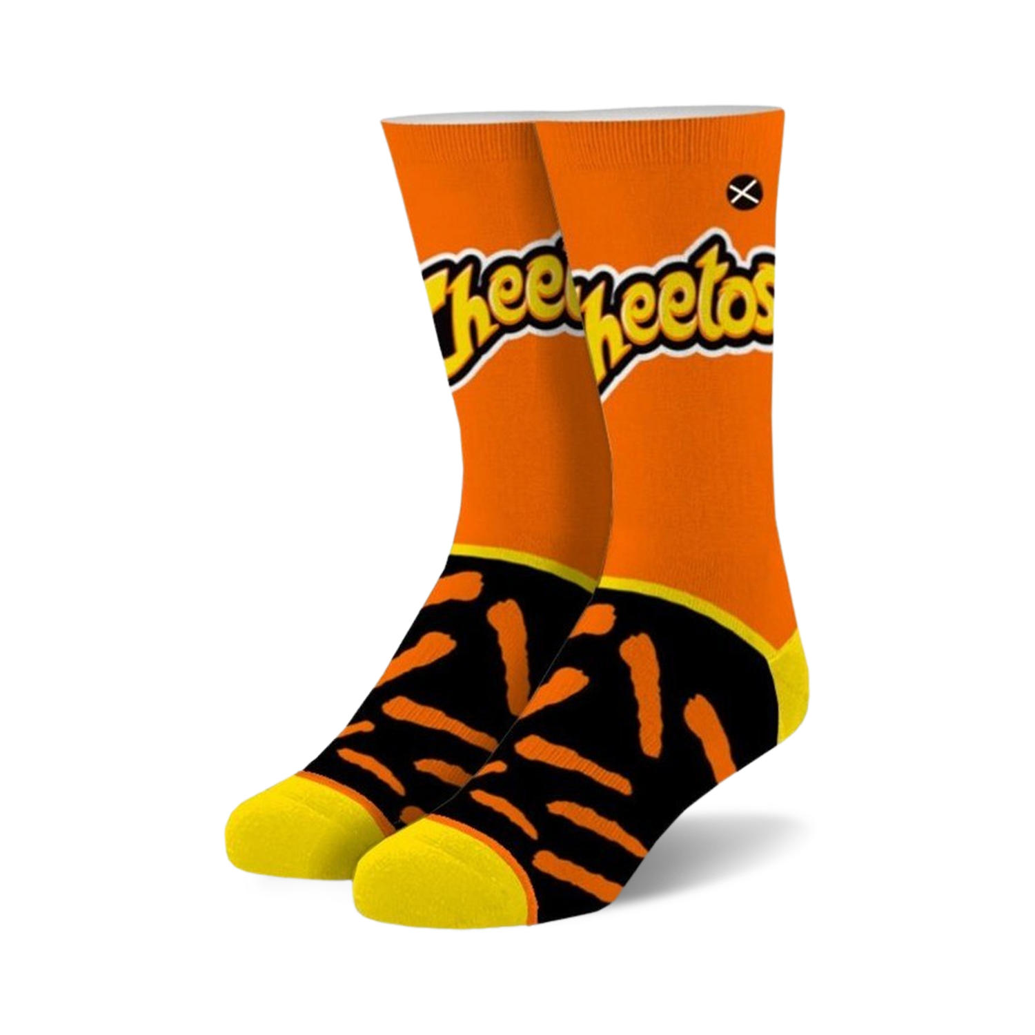 Pair of crew socks; orange top section with Cheetos logo, black and orange Cheetos-shaped design on the bottom, yellow cuffs.