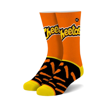 orange and black crew socks with cheetos logo, for men and women.  