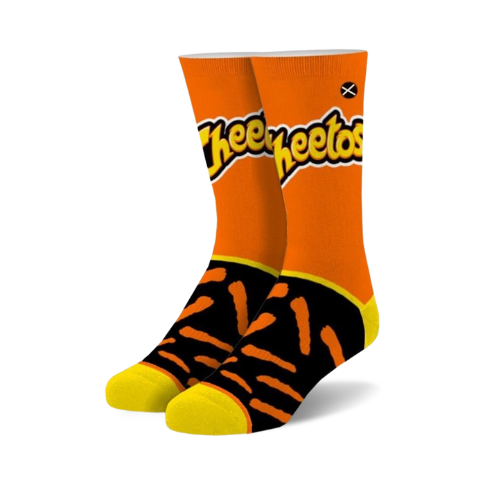 orange and black crew socks with cheetos logo, for men and women.   }}
