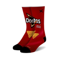 Pair of crew socks featuring a red Doritos Nacho Cheese bag design, with yellow triangle-shaped chips. Black heel and toe.