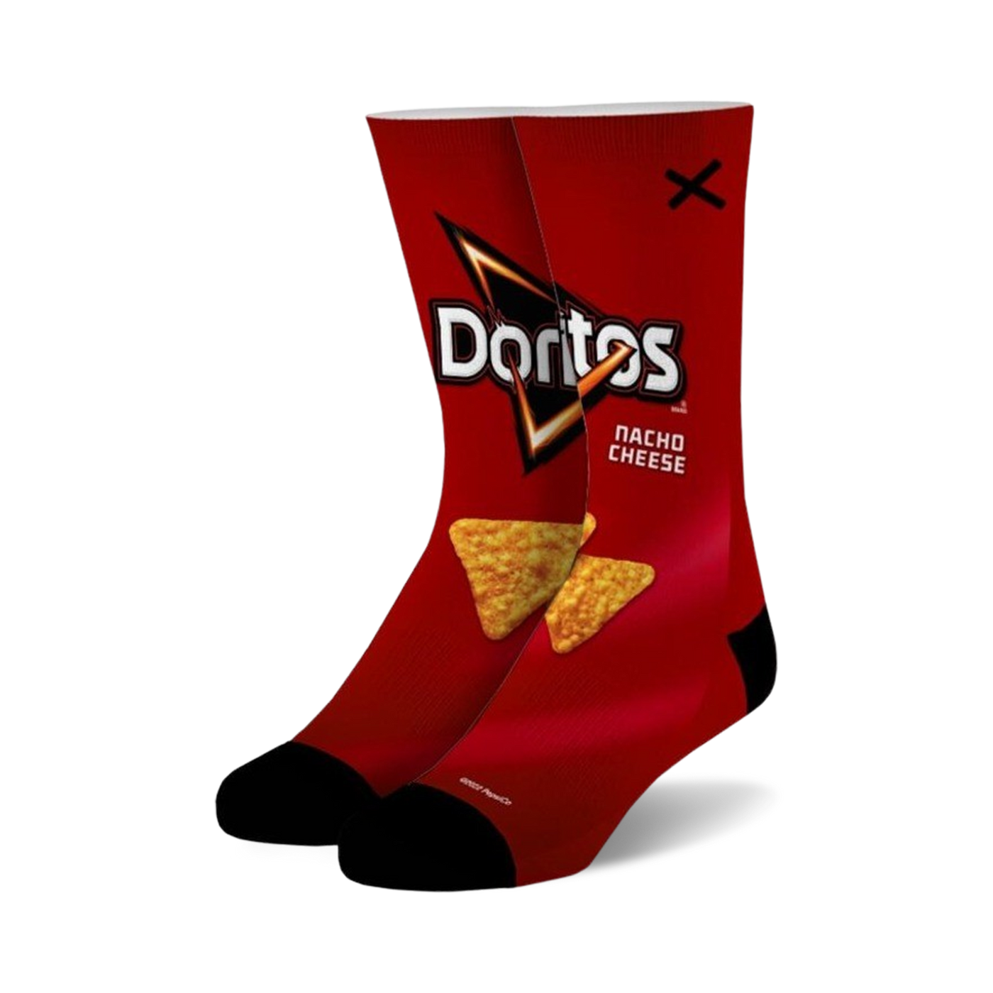 Pair of crew socks featuring a red Doritos Nacho Cheese bag design, with yellow triangle-shaped chips. Black heel and toe.
