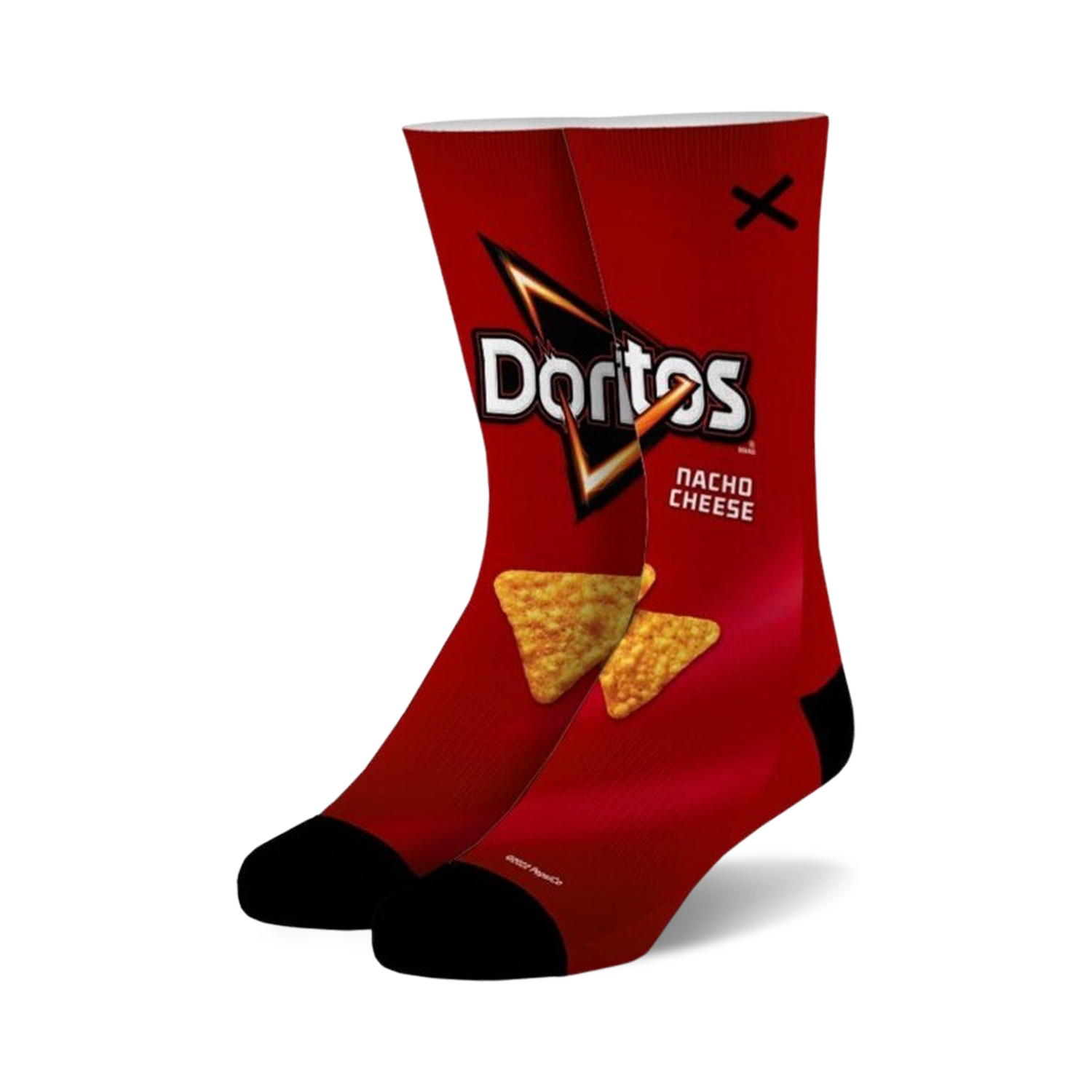 Pair of crew socks featuring a red Doritos Nacho Cheese bag design, with yellow triangle-shaped chips. Black heel and toe.