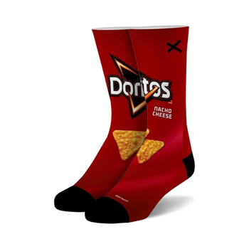 doritos nacho cheese crew socks are red with black toe and heel, featuring the doritos logo and two doritos chips. unisex design.   