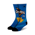 Pair of crew socks with a vibrant blue Cool Ranch Doritos bag design.  Yellow and orange tortilla chips are featured prominently.