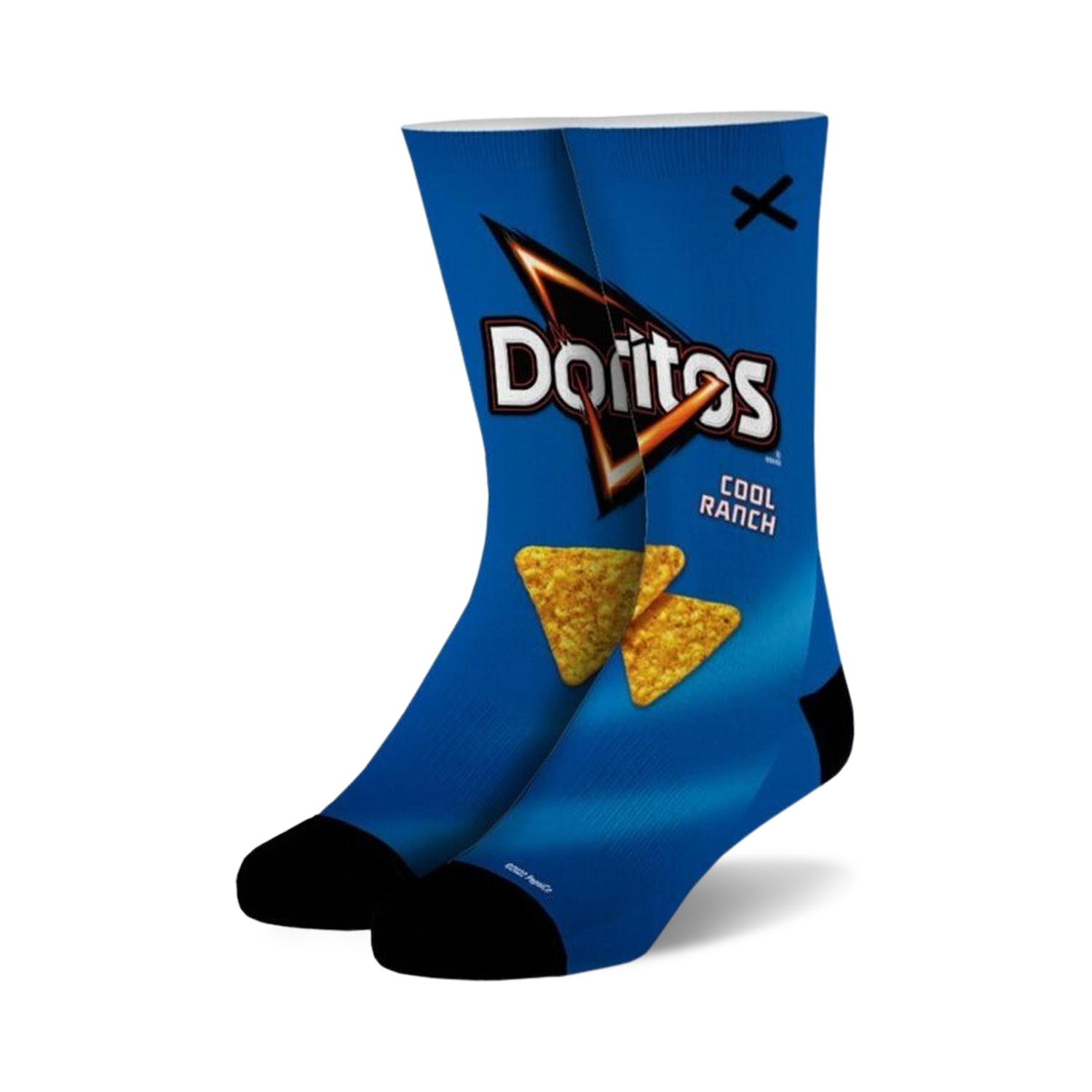 Pair of crew socks with a vibrant blue Cool Ranch Doritos bag design.  Yellow and orange tortilla chips are featured prominently.