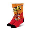 A pair of crew socks with a Cheetos bag design. The socks are predominantly red and orange, showcasing the Cheetos cheetah and crunchy Cheetos.