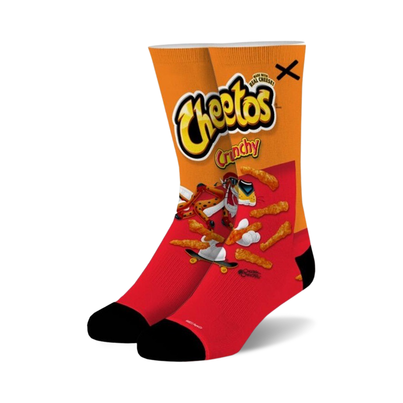 A pair of crew socks with a Cheetos bag design. The socks are predominantly red and orange, showcasing the Cheetos cheetah and crunchy Cheetos.