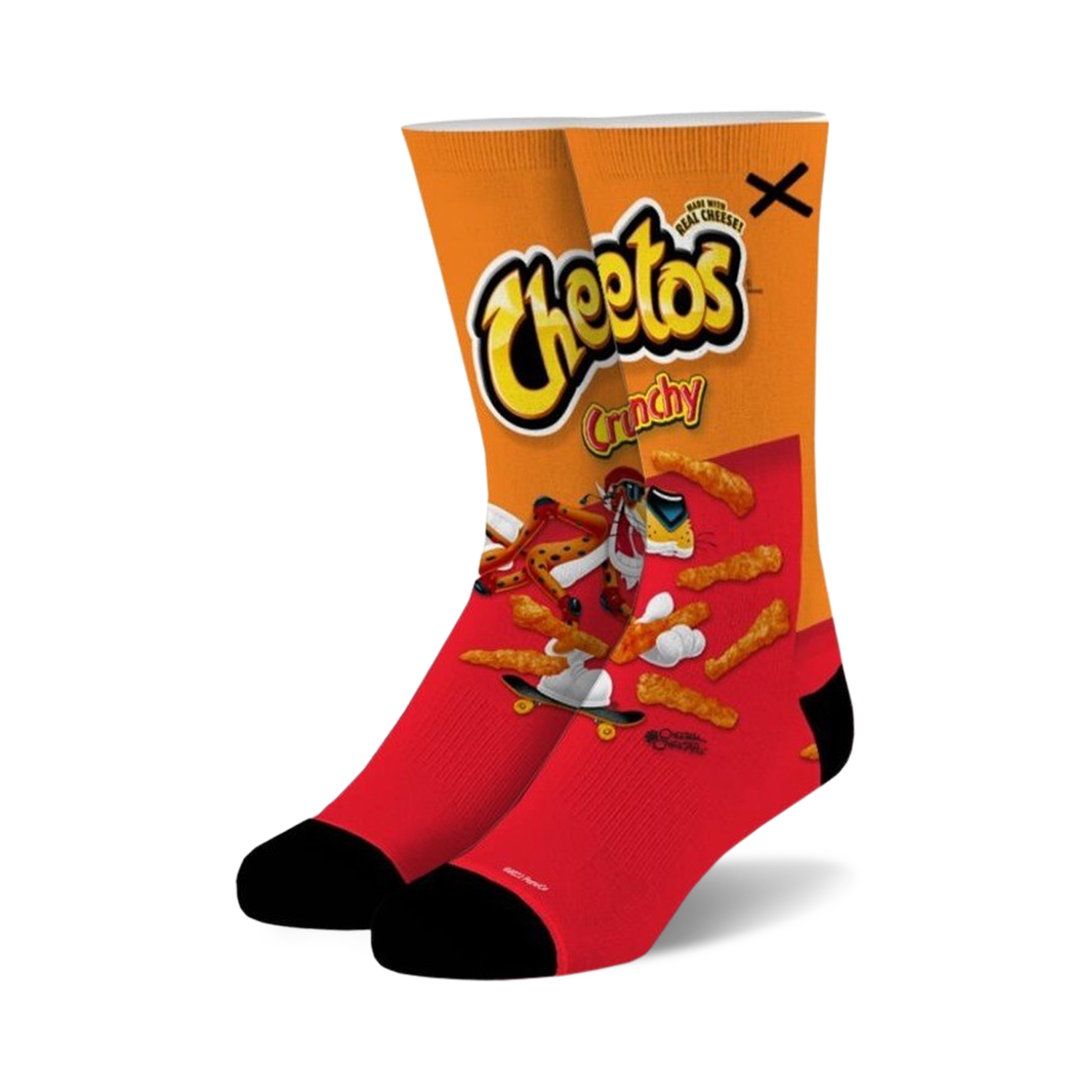 A pair of crew socks with a Cheetos bag design. The socks are predominantly red and orange, showcasing the Cheetos cheetah and crunchy Cheetos.
