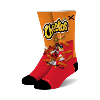cheetos bag art socks - scrumptious red socks emblazoned with a vibrant cheetos bag print, featuring chester cheetah's grinning face. toe and heel are black.