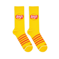 Flat lay of yellow Lay's socks showing the classic logo on the leg, red and orange stripes on the foot, and PepsiCo text.