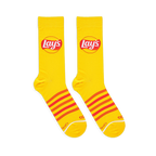 Flat lay of yellow Lay's socks showing the classic logo on the leg, red and orange stripes on the foot, and PepsiCo text.