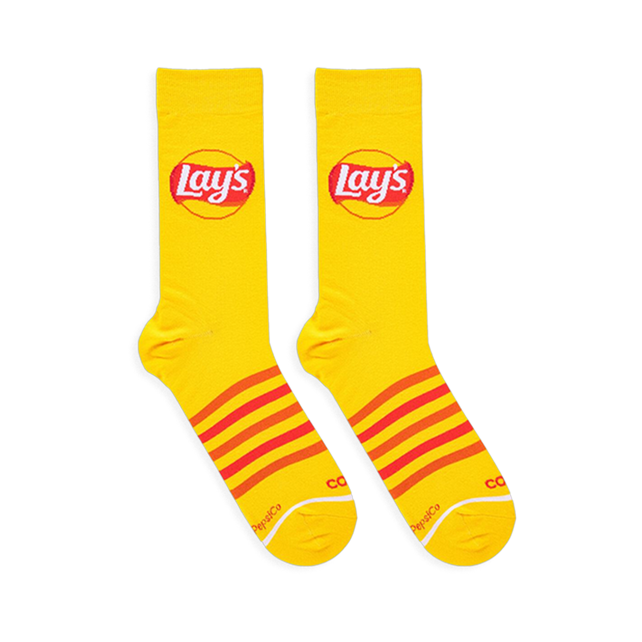 Flat lay of yellow Lay's socks showing the classic logo on the leg, red and orange stripes on the foot, and PepsiCo text.