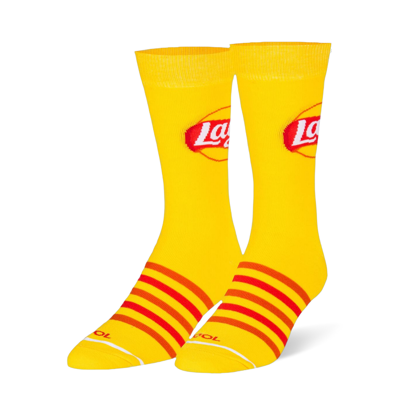 Bright yellow crew socks featuring the classic red and white Lay's logo on the leg and red and orange stripes on the foot.