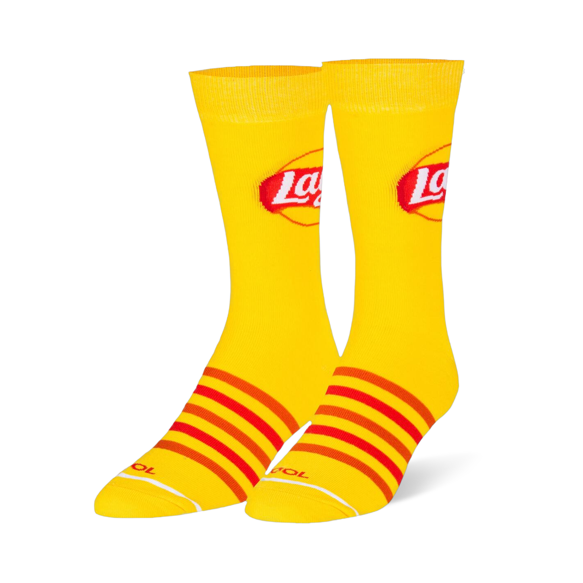 Bright yellow crew socks featuring the classic red and white Lay's logo on the leg and red and orange stripes on the foot.