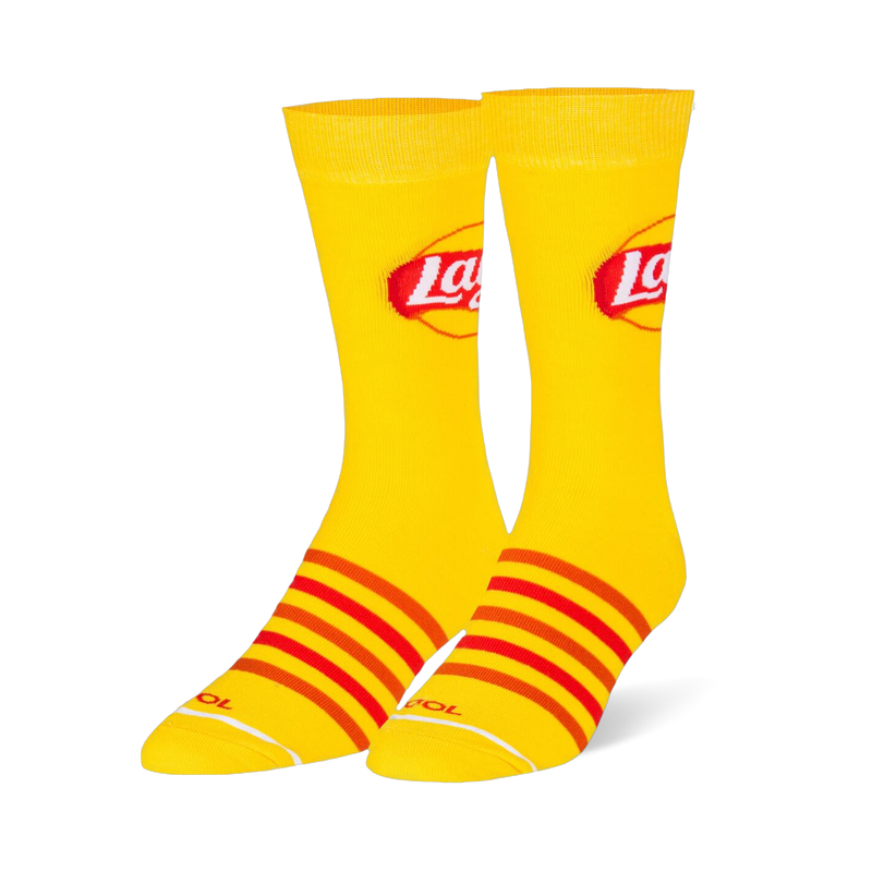 Bright yellow crew socks featuring the classic red and white Lay's logo on the leg and red and orange stripes on the foot.