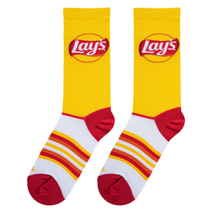 Flat lay showcasing the Lay's Stripes socks, highlighting their design details and color combination.