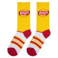 Flat lay showcasing the Lay's Stripes socks, highlighting their design details and color combination.