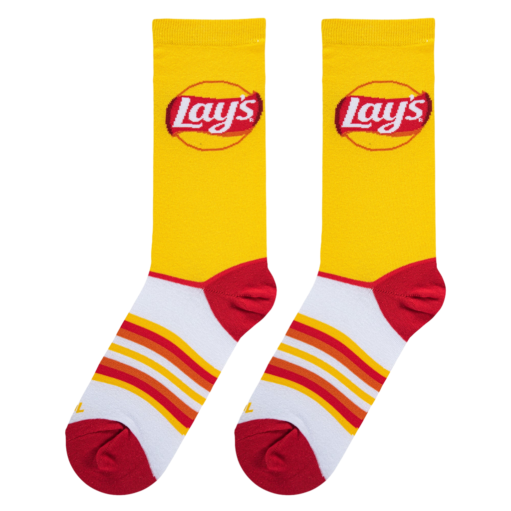 Flat lay showcasing the Lay's Stripes socks, highlighting their design details and color combination.