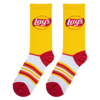 Flat lay showcasing the Lay's Stripes socks, highlighting their design details and color combination.