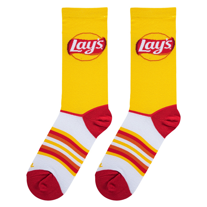 Flat lay showcasing the Lay's Stripes socks, highlighting their design details and color combination.