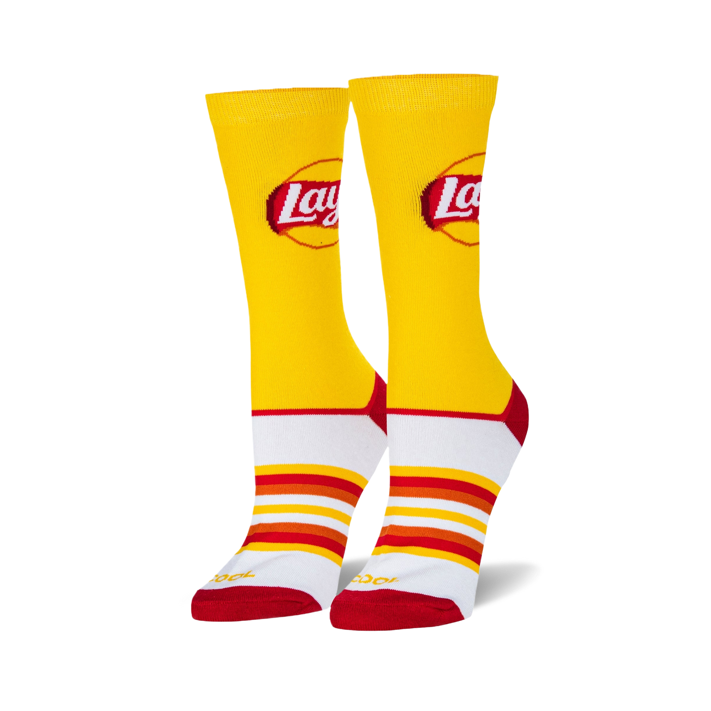 Pair of Lay's-themed yellow crew socks. Features the Lay's logo and retro-style red, orange, and white stripes at the bottom.