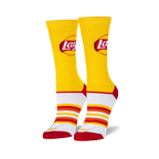 Pair of Lay's-themed yellow crew socks. Features the Lay's logo and retro-style red, orange, and white stripes at the bottom.