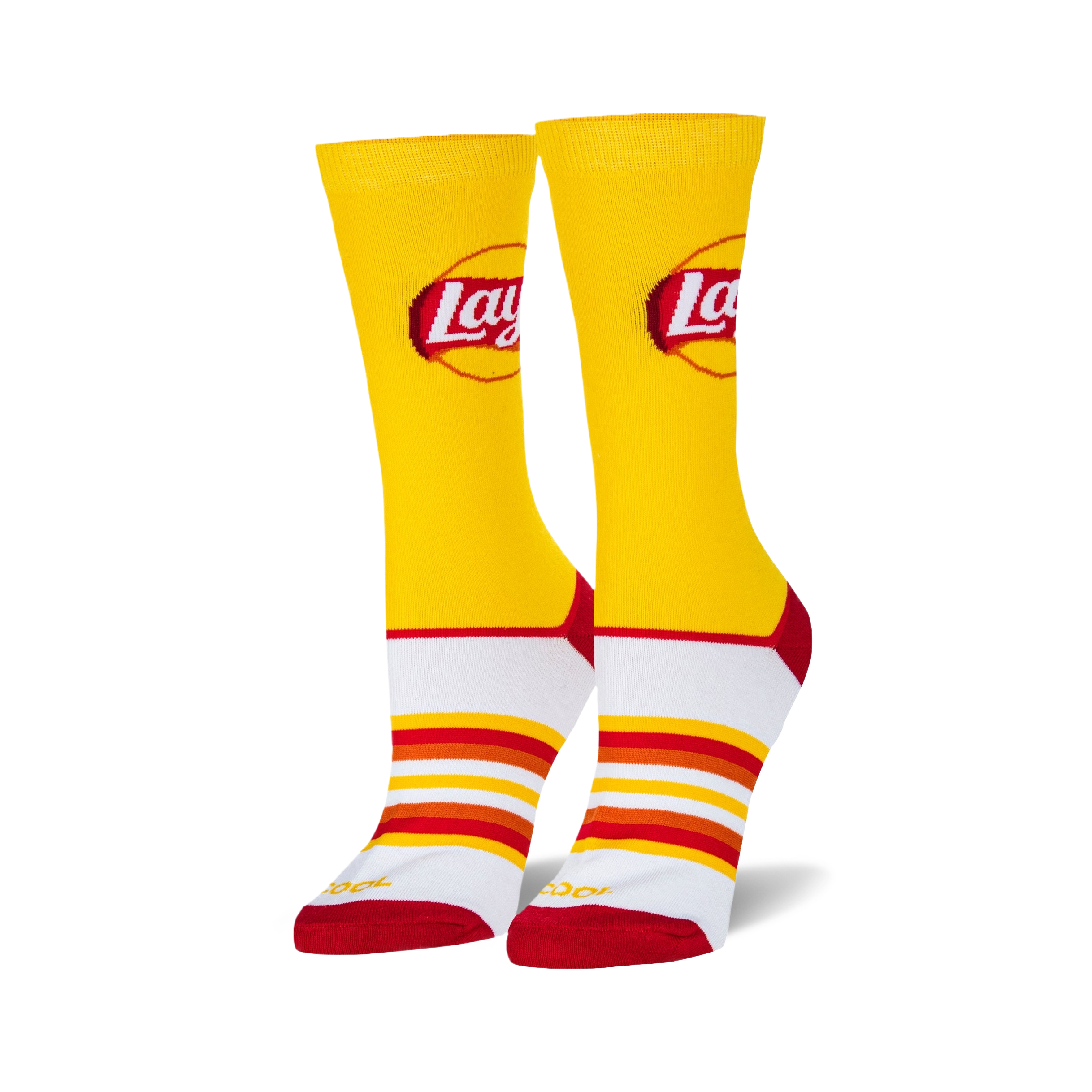 Pair of Lay's-themed yellow crew socks. Features the Lay's logo and retro-style red, orange, and white stripes at the bottom.