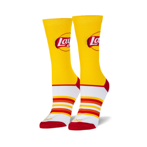 Pair of Lay's-themed yellow crew socks. Features the Lay's logo and retro-style red, orange, and white stripes at the bottom.