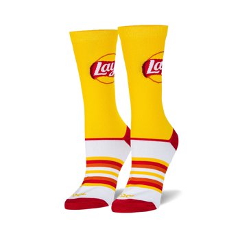 Pair of Lay's-themed yellow crew socks. Features the Lay's logo and retro-style red, orange, and white stripes at the bottom.