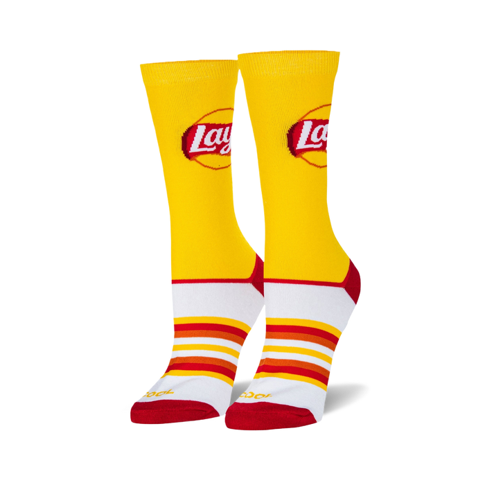 Pair of Lay's-themed yellow crew socks. Features the Lay's logo and retro-style red, orange, and white stripes at the bottom.