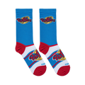 Flat lay of blue socks showing the Ruffles logo on the upper leg, red heels, red toes, and a large logo on the white foot.