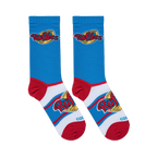 Flat lay of blue socks showing the Ruffles logo on the upper leg, red heels, red toes, and a large logo on the white foot.