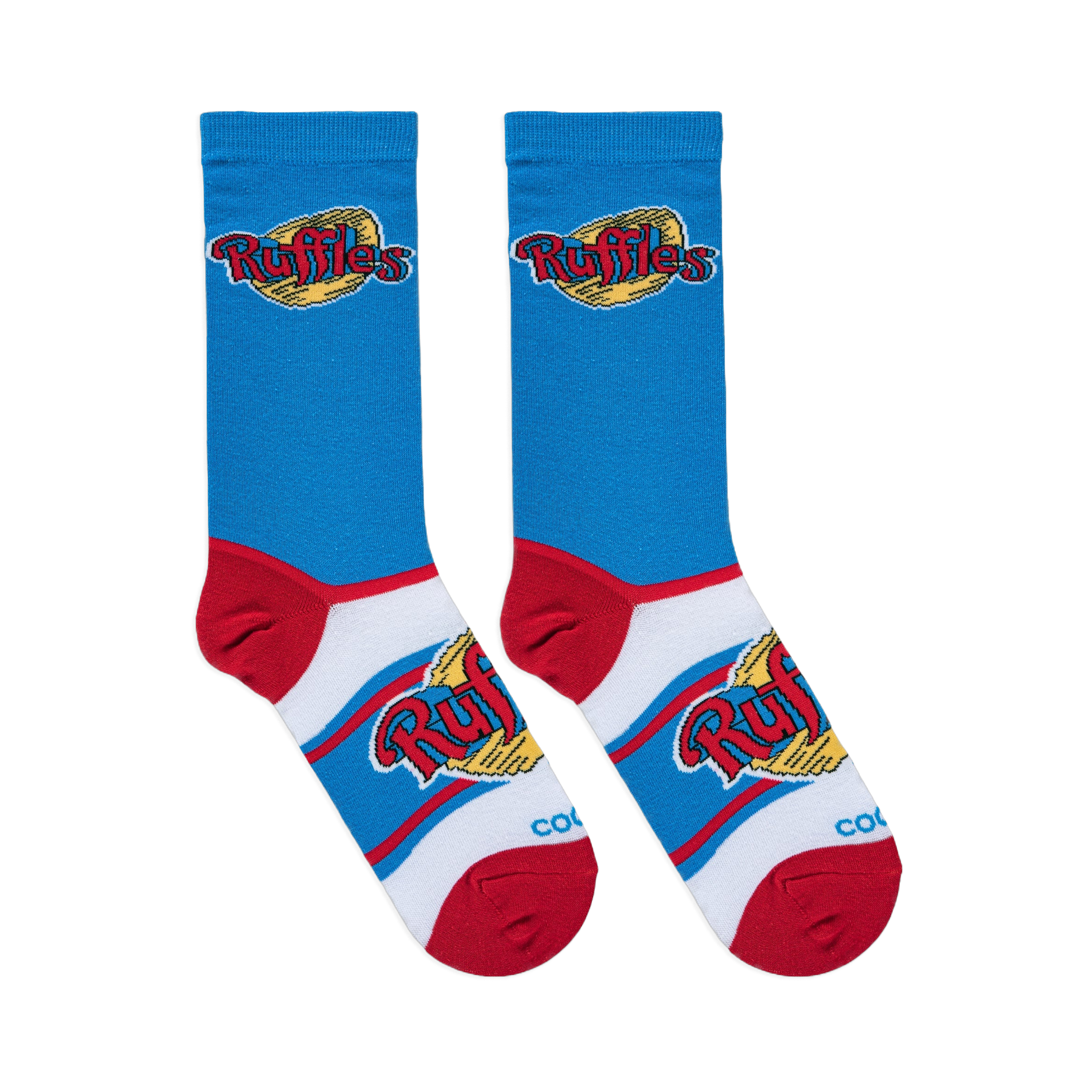 Flat lay of blue socks showing the Ruffles logo on the upper leg, red heels, red toes, and a large logo on the white foot.