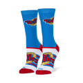 Blue crew socks showing the red Ruffles logo on a yellow ridged chip, with red heels, red toes, and a white foot section.