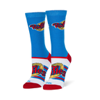 Blue crew socks showing the red Ruffles logo on a yellow ridged chip, with red heels, red toes, and a white foot section.