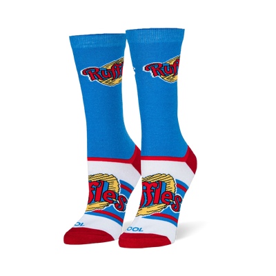 Blue crew socks showing the red Ruffles logo on a yellow ridged chip, with red heels, red toes, and a white foot section.