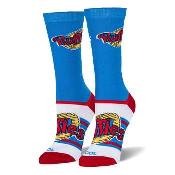 Blue crew socks showing the red Ruffles logo on a yellow ridged chip, with red heels, red toes, and a white foot section.