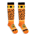 Flat lay of knee-high orange Cheetos socks showing the black cheetah pattern, yellow stripe, and paw prints on the toes.